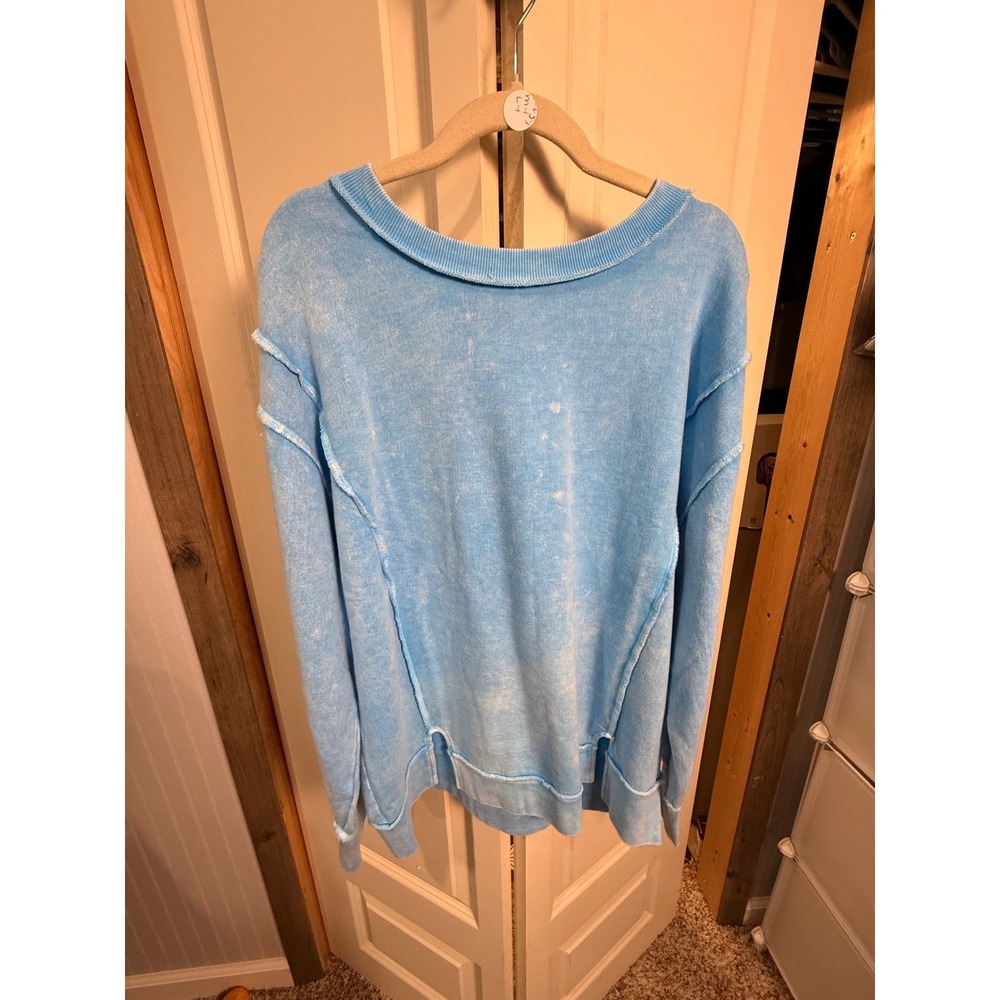 Zenana Women Blue Acid Wash Oversized Sweatshirt Exposed Seam Pullover M
